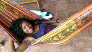 Keishia kicking back in front of our room at Hotel Santa Catalina.